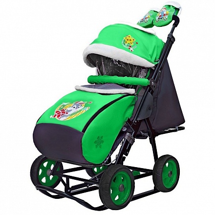 Санки-коляска Snow Galaxy City-2-1, дизайн - Серый Зайка на зелёном, на больших надувных колёсах, сумка и варежки 